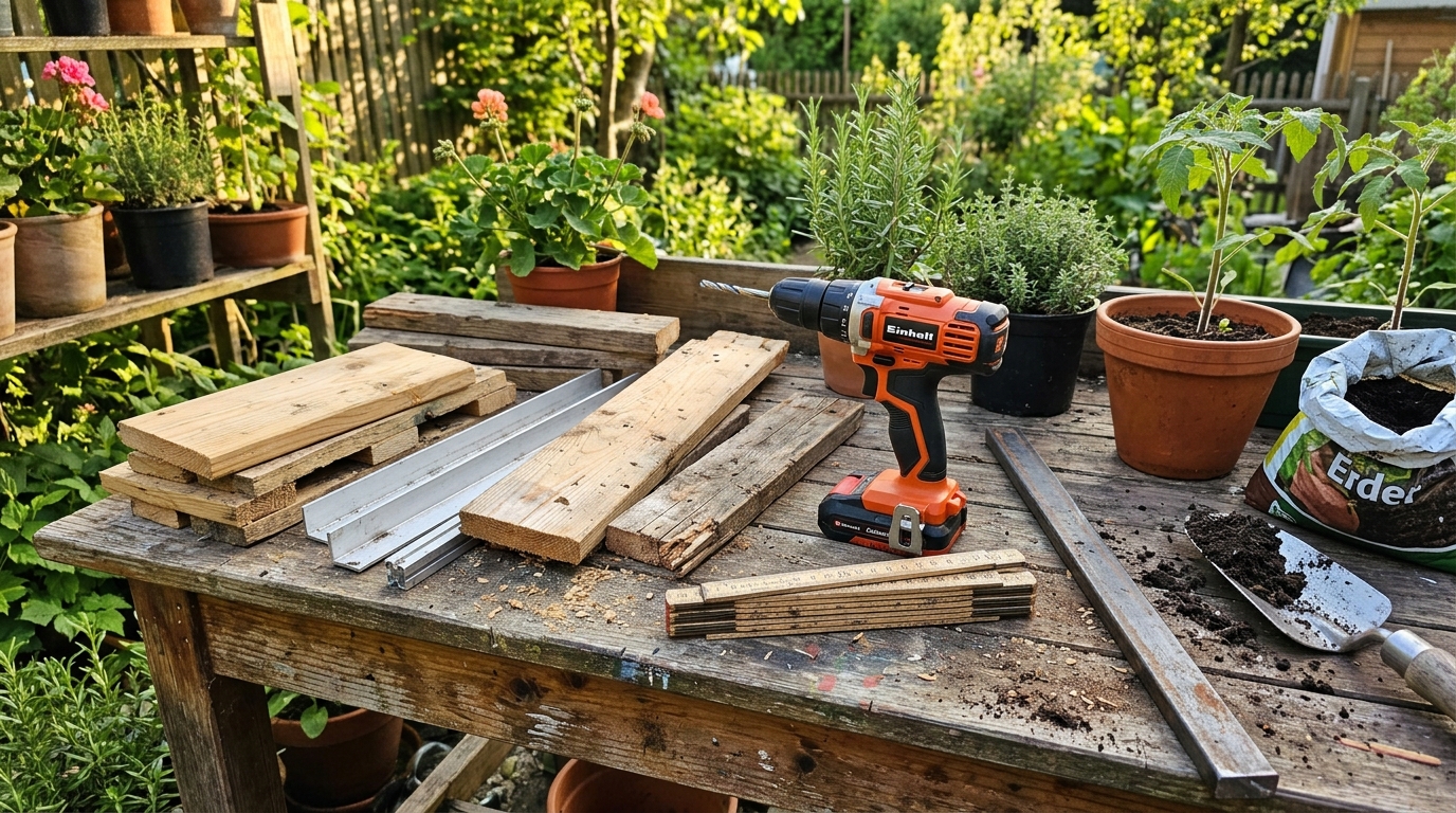 Ảnh chụp bằng điện thoại thông minh: Một loạt các vật liệu khác nhau (ván gỗ, thanh kim loại, mảnh pallet nhỏ) và dụng cụ.