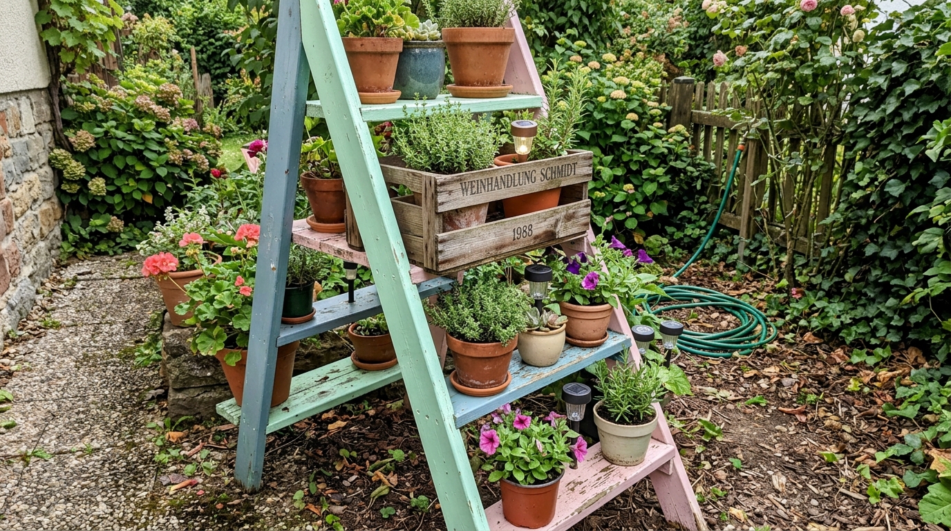 Ảnh chụp bằng điện thoại thông minh: Một cầu thang hoa được sơn vẽ sáng tạo với tông màu pastel, điểm xuyết những chiếc đèn năng lượng mặt trời nhỏ giữa các loài cây.