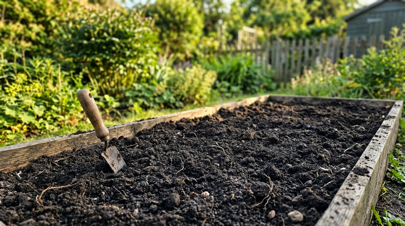 Ein fertig vorbereitetes Gartenbeet mit lockerer, dunkler Erde, das auf die Bepflanzung wartet, im Hintergrund verschwom