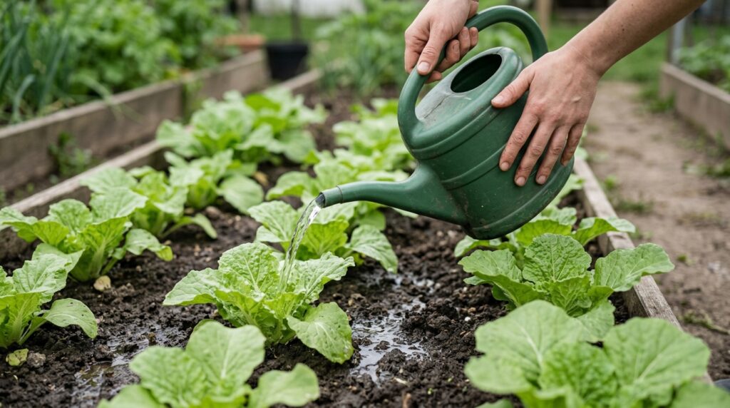 Hände gießen Chinakohlpflanzen mit einer grünen Gießkanne, der Boden ist feucht.