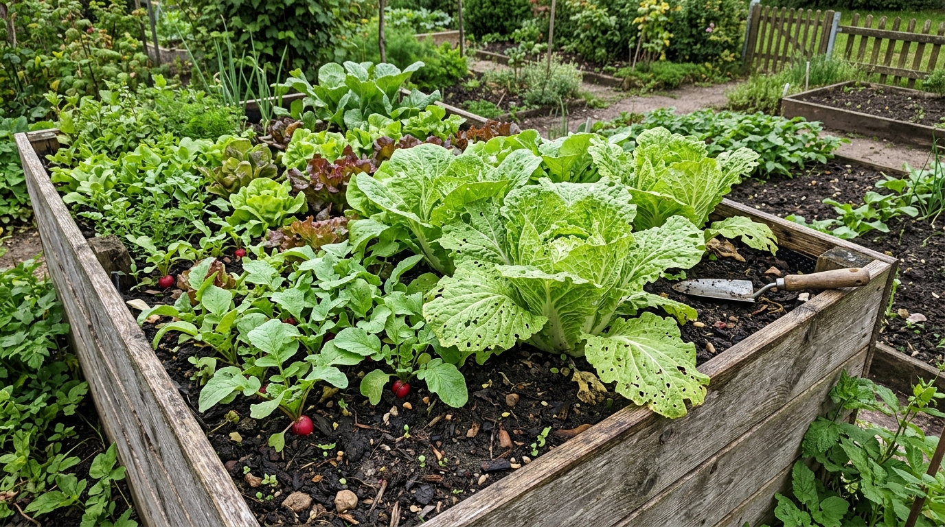 Chinakohlpflanzen, die in einem erhöhten Hochbeet wachsen, umgeben von anderen Gemüsesorten wie Radieschen oder Salat, i