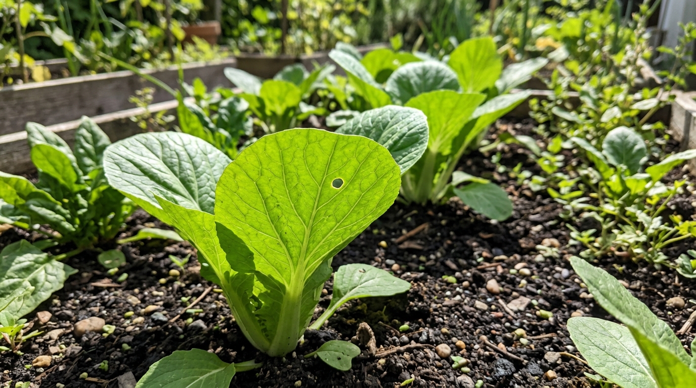 Ein Chinakohlblatt mit einem kleinen, präzisen Loch, das auf den Befall durch einen Schädling hindeutet, aber nicht über