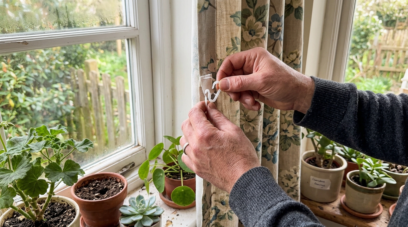 Gardinen waschen Tipps: So werden Ihre Vorhänge strahlend sauber! Eine Person, die vorsichtig Gardinenhaken von einem Fenstervorhang entfernt, mit Fokus auf die Hände und die Haken.