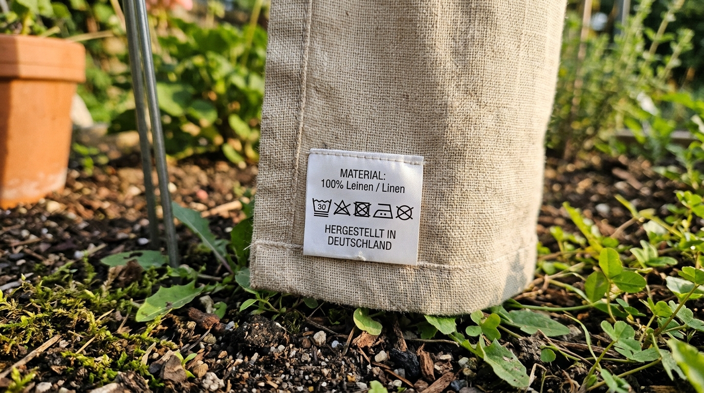 Gardinen waschen Tipps: So werden Ihre Vorhänge strahlend sauber! Eine Nahaufnahme eines Gardinenetiketts, das deutlich die internationalen Waschsymbole und Materialangaben zeigt.