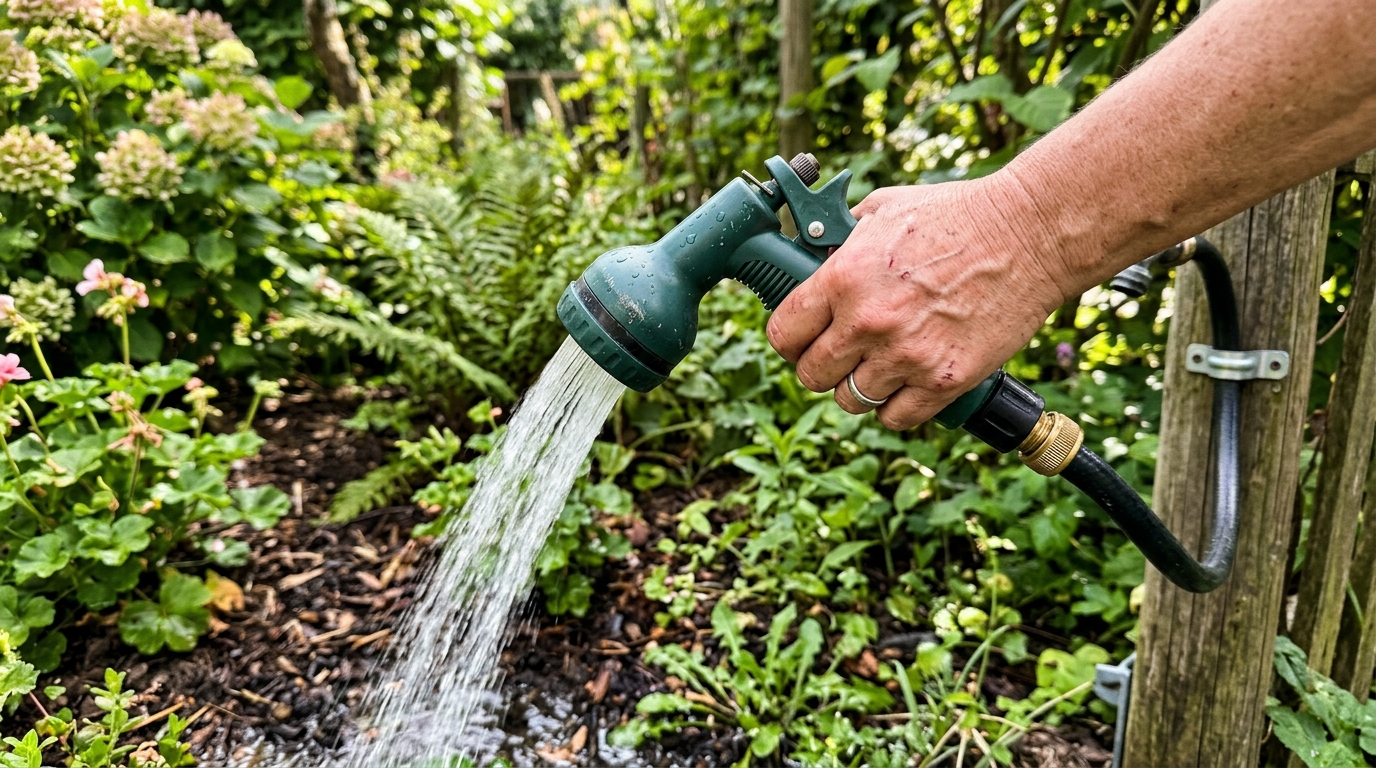 Gartendusche selber bauen: Dein DIY-Guide für Erfrischung im Garten Cận cảnh bàn tay đang điều khiển vòi sen của một bộ vòi sen tự chế trong vườn; nước đang chảy.