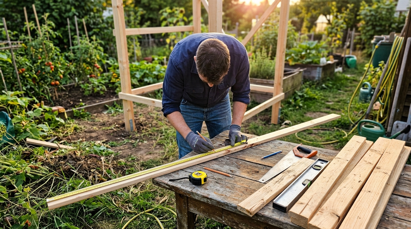 Gartendusche selber bauen: Dein DIY-Guide für Erfrischung im Garten Một người đang đo các thanh gỗ để làm khung vách tắm, dụng cụ được đặt ở phía trước.