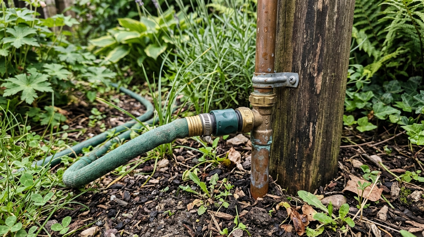 Gartendusche selber bauen: Dein DIY-Guide für Erfrischung im Garten Hình ảnh cận cảnh mối nối nước của vòi sen sân vườn (ví dụ: vòi tưới vườn nối với ống đồng).