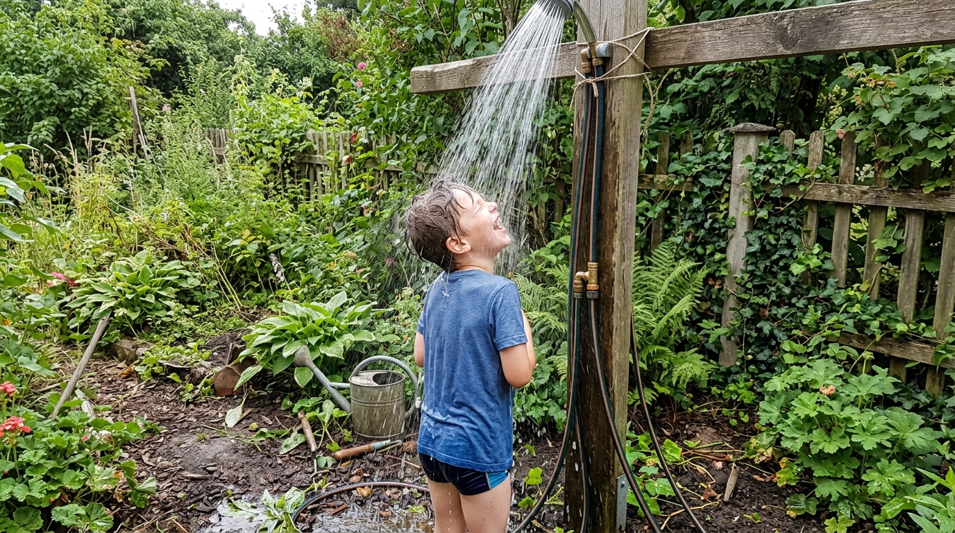 Gartendusche selber bauen: Dein DIY-Guide für Erfrischung im Garten Một đứa trẻ hoặc người lớn cười vui vẻ dưới làn nước mát lạnh của vòi sen tự chế trong vườn.