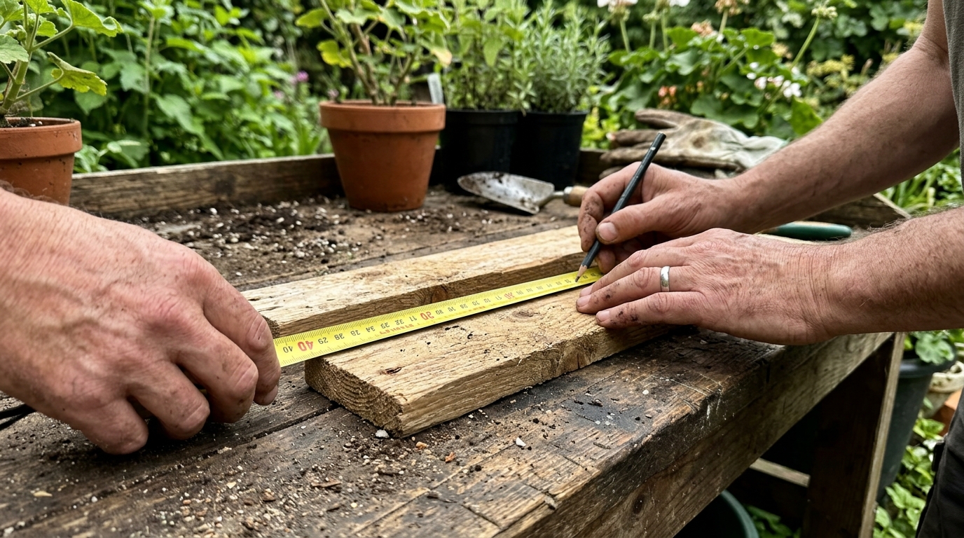 Komposter selber machen: Schritt-für-Schritt mit Profi-Tipps Smartphone-Nahaufnahme: Holzlatten mit Maßband auf einer Werkbank, natürliches Tageslicht, Hände im Bild