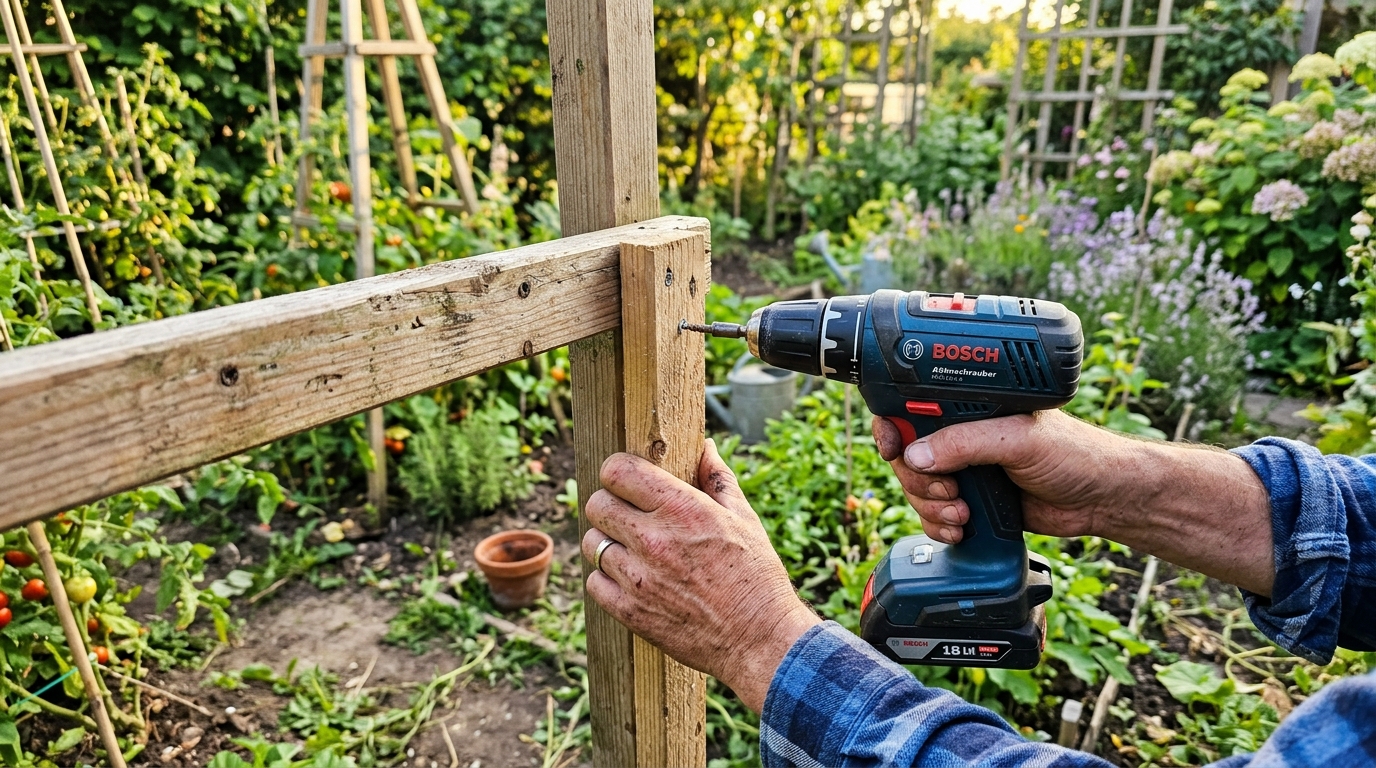 Komposter selber machen: Schritt-für-Schritt mit Profi-Tipps Schrittbild: Akkuschrauber, der eine Latte an einen Rahmen schraubt; Gartenhintergrund leicht unscharf