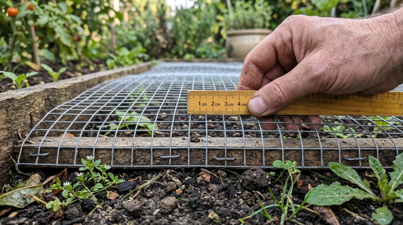 Komposter selber machen: Schritt-für-Schritt mit Profi-Tipps Detail: Verzinktes Drahtgewebe über Erduntergrund, Hand hält Lineal zur Maschenmessung