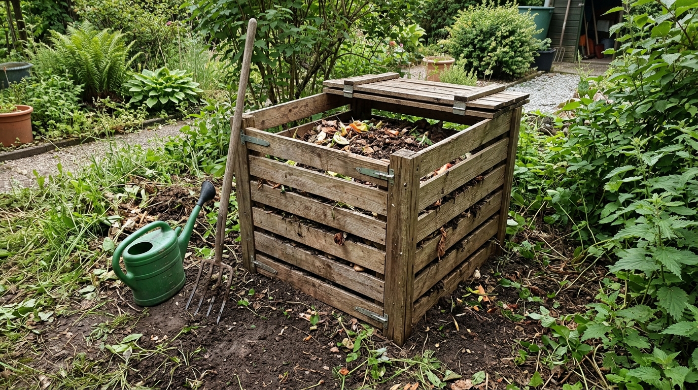 Komposter selber machen: Schritt-für-Schritt mit Profi-Tipps Übersicht: Fertiger Holzkomposter im Halbschatten, Gießkanne und Mistgabel daneben