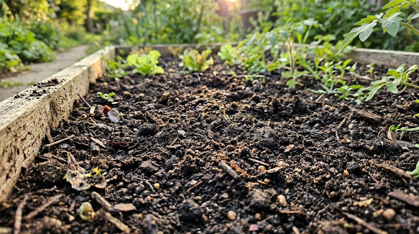 Ảnh chụp bằng điện thoại thông minh cận cảnh đất vườn tơi xốp, được chuẩn bị kỹ lưỡng và có thêm phân hữu cơ.