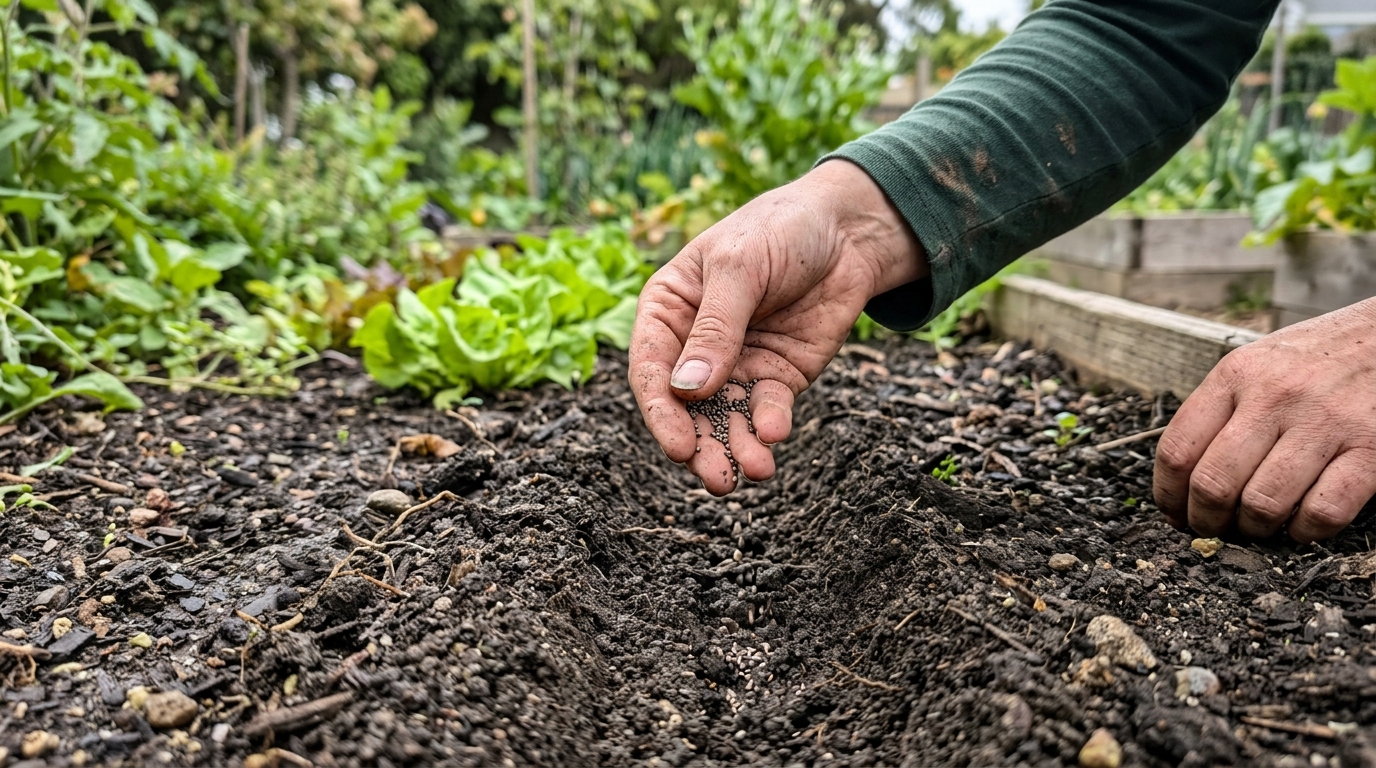 Ảnh chụp bằng điện thoại thông minh cho thấy một bàn tay đang rắc hạt rau diếp vào một rãnh đã được chuẩn bị sẵn.