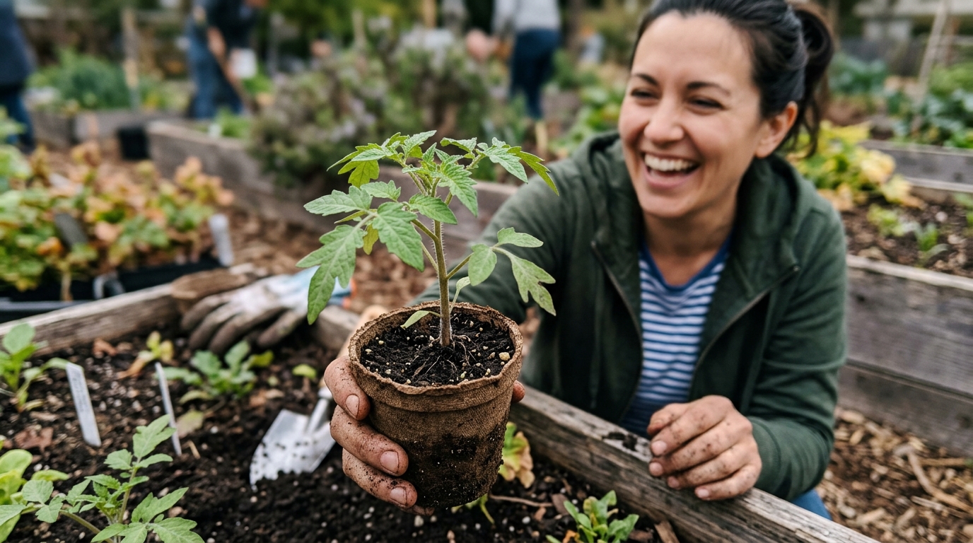 Ảnh chụp bằng điện thoại thông minh cận cảnh một cây con trong chậu, sẵn sàng để trồng, với một người mới bắt đầu đang cười ở phía sau.
