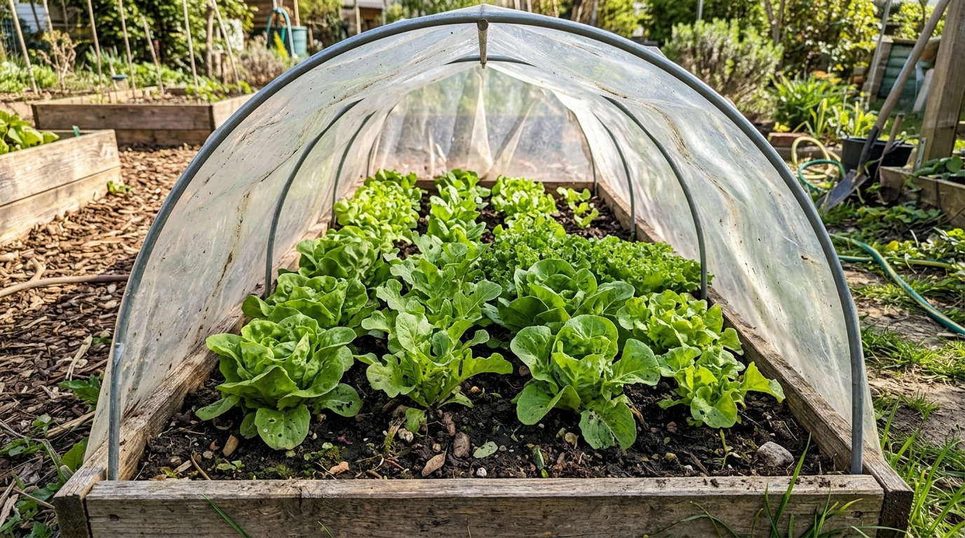 Smartphone-Foto eines kleinen Kaltbeets oder Folientunnels im Garten, in dem Salat wächst.