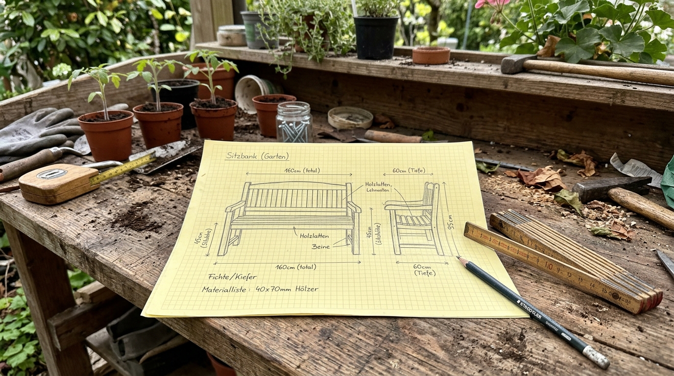 Natürliches Tageslicht, Hochformat: Skizze einer Sitzbank mit Maßangaben auf Millimeterpapier, Zollstock und Bleistift d