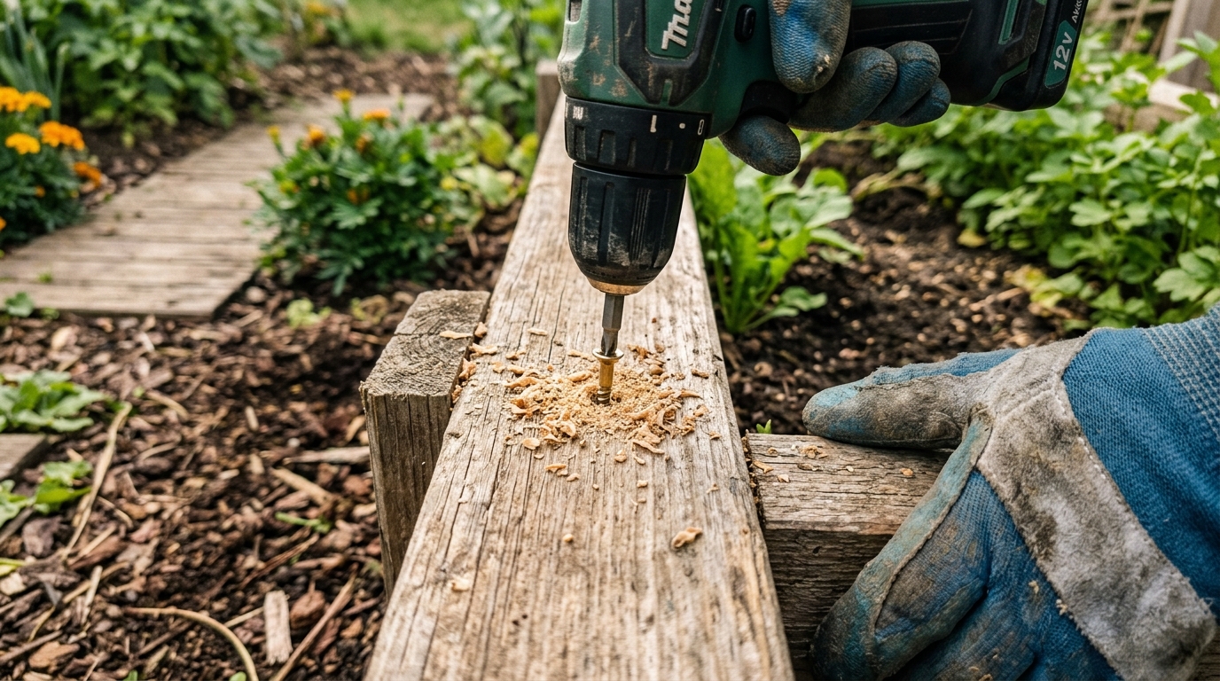 Close-up, Hochformat: Akkuschrauber schraubt Senkkopf-Schraube in vorgebohrtes Holz, Holzspäne sichtbar