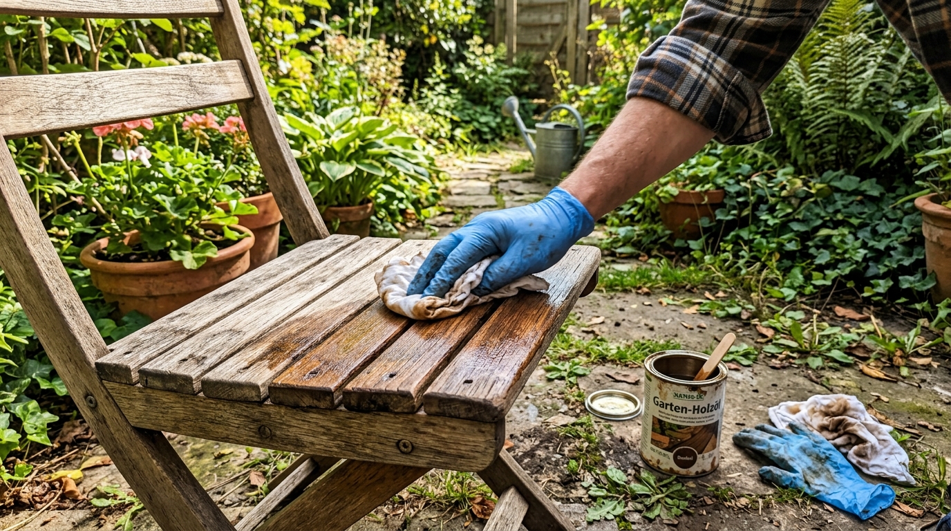 Hochformat: Auftragen von Holzöl mit Lappen auf Sitzfläche, Dose und Handschuhe im Bild