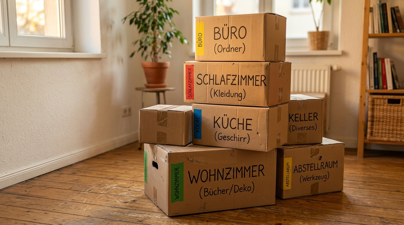 Umzug planen Checkliste : Dein stressfreier Weg ins neue Heim Một chồng thùng chuyển nhà với nhiều kích cỡ khác nhau, được dán nhãn cẩn thận, một số thùng có đánh dấu màu sắc để chỉ phòng.