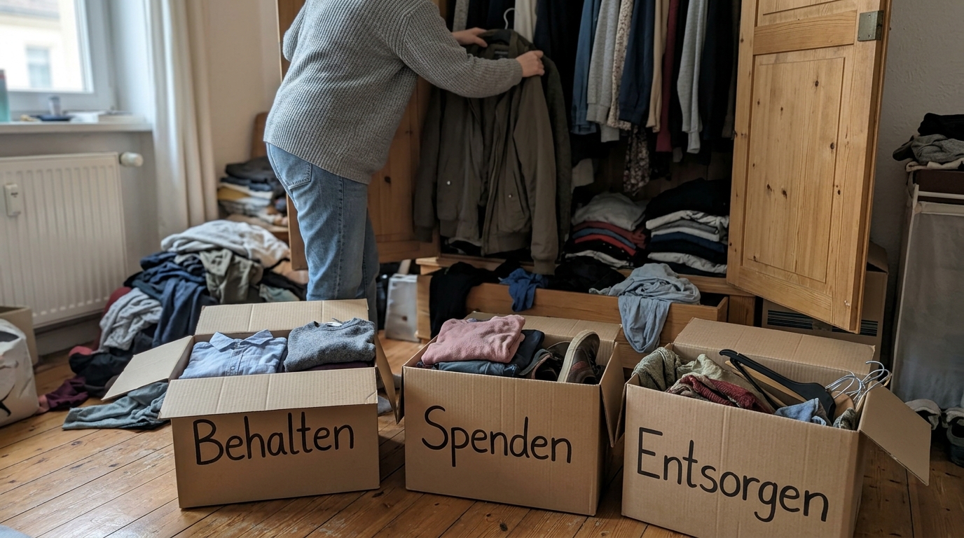 Umzug planen Checkliste : Dein stressfreier Weg ins neue Heim Một người đang dọn dẹp một chiếc tủ quần áo quá tải, phía trước có ba chiếc hộp: 'Giữ lại', 'Quyên tặng', 'Vứt bỏ'.