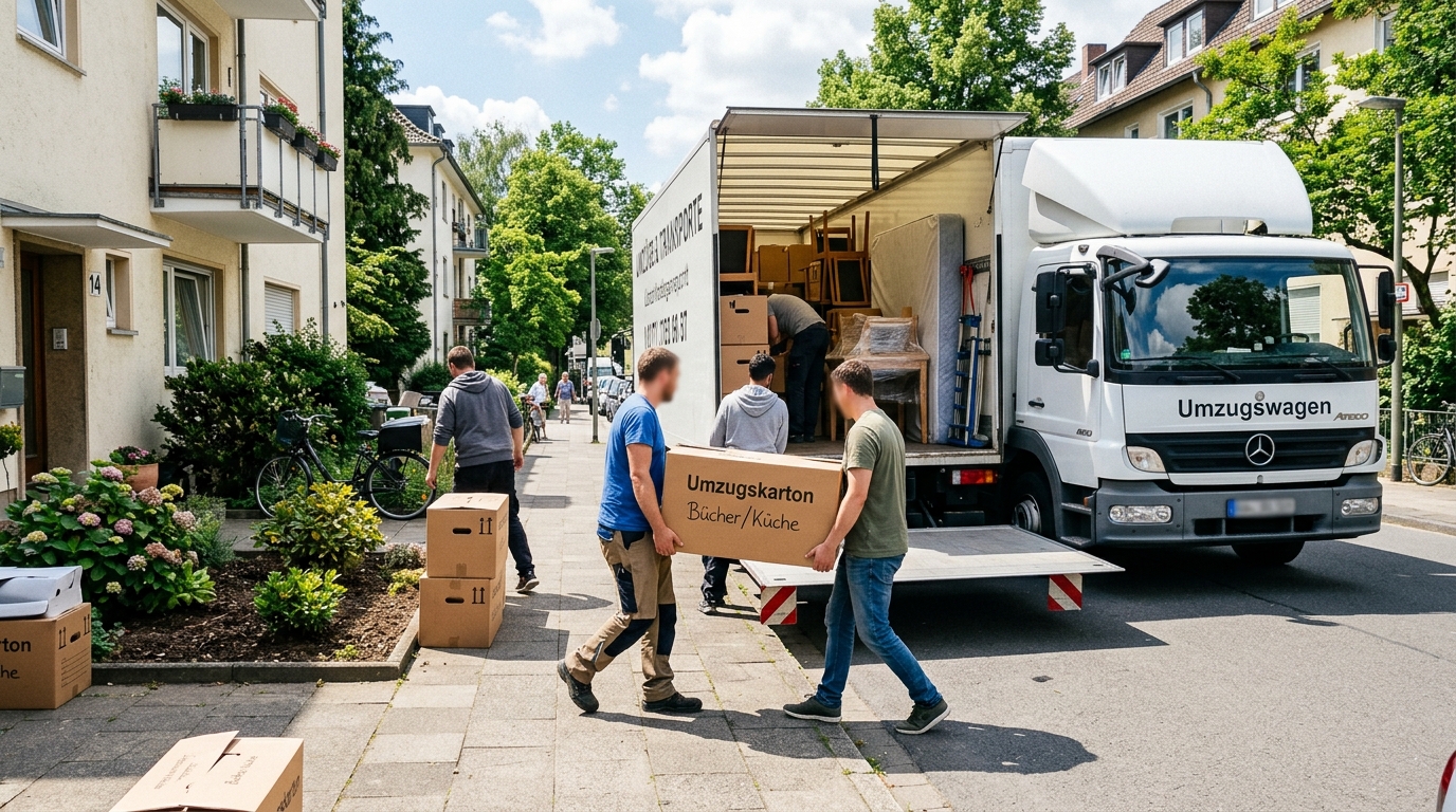Umzug planen Checkliste : Dein stressfreier Weg ins neue Heim Một chiếc xe tải đang được chất đồ lên, với vài người giúp việc đang khiêng một thùng hàng ở phía trước. Trời nắng đẹp.