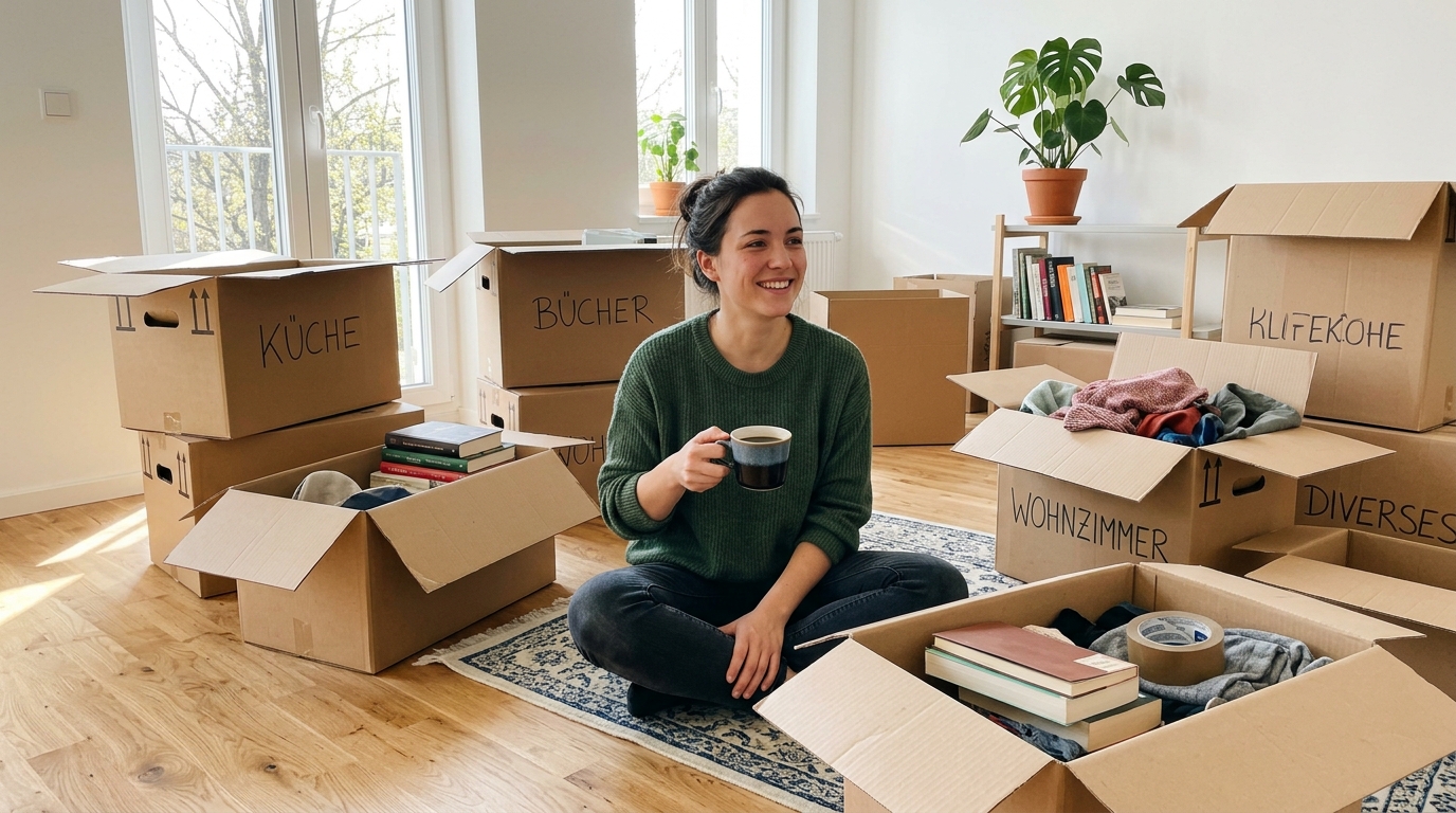 Umzug planen Checkliste : Dein stressfreier Weg ins neue Heim Một người ngồi trên sàn nhà của một căn hộ mới sáng sủa, xung quanh là những thùng đồ chuyển nhà chưa được dỡ hết, đang mỉm cười.